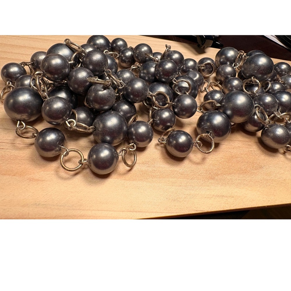 Grey Faux Pearl Silver Tone Necklace Women Chunky Long Metallic Strand